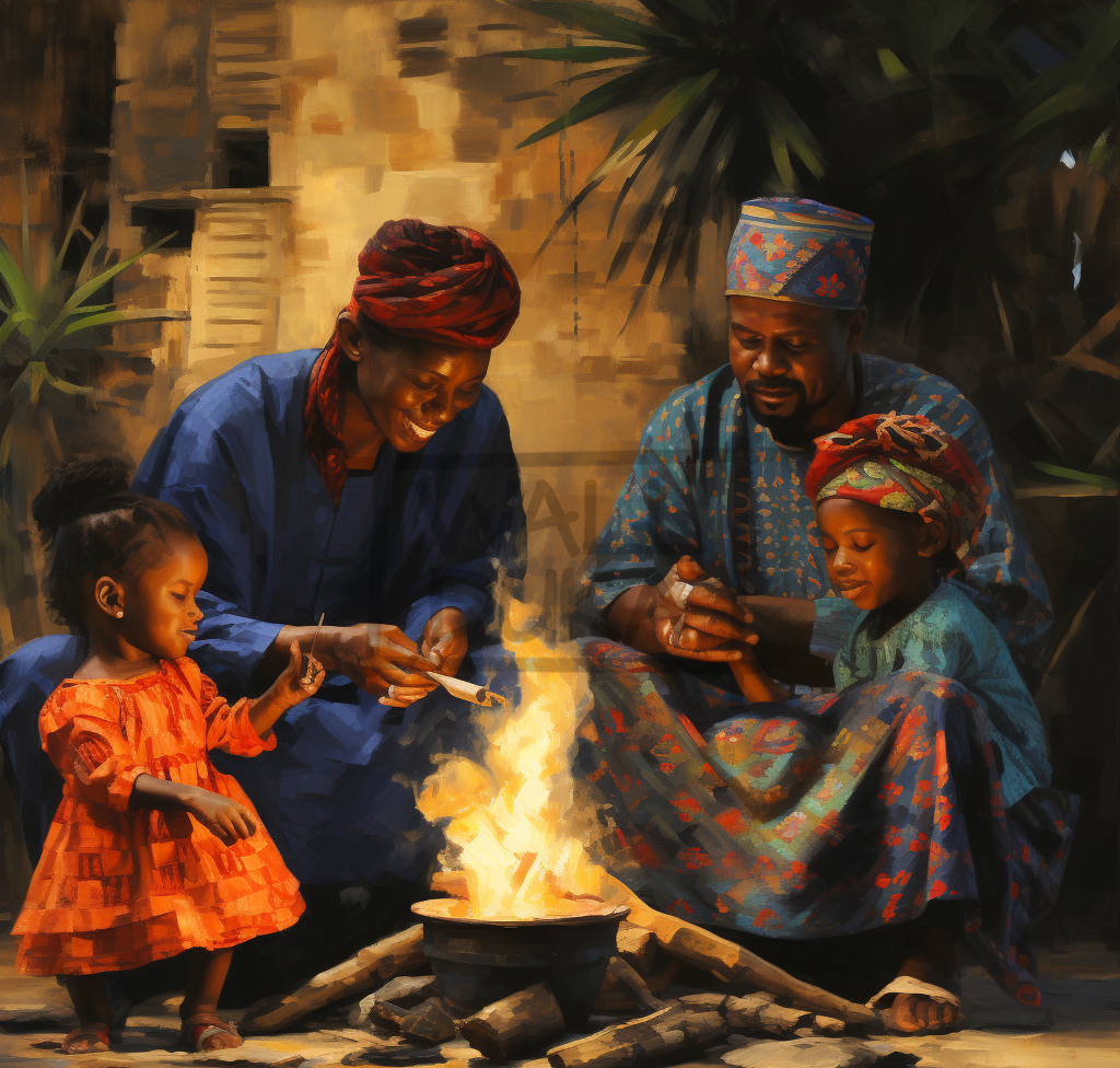 african family by fire wall art